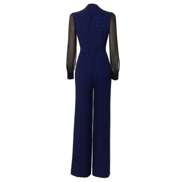 Diane Von Furstenberg Polka Dot Silk Wide Leg Jumpsuit Blue Black Sheer 14 NWT - Picture 3 of 15